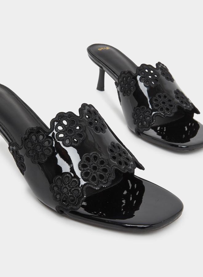 Styli Black Floral Cutout Kitten Heel Sandals - Image 3